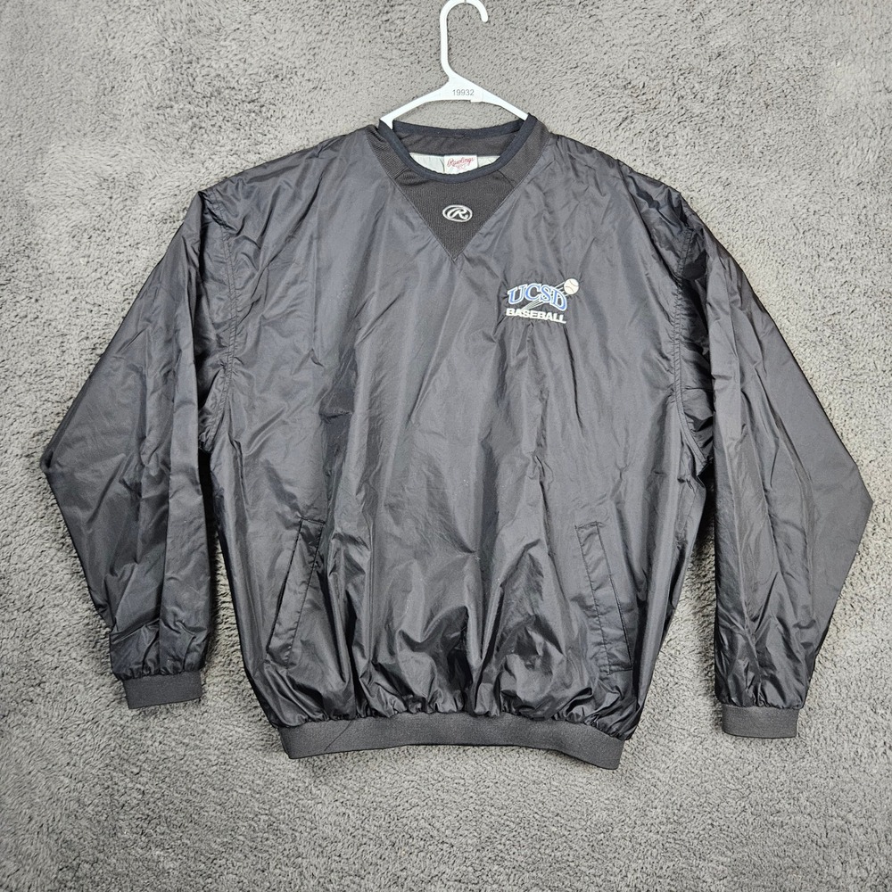 Vintage Rawlings UCSD Baseball Windbreaker Pullover‎ Jacket Mens XL Black V-Neck